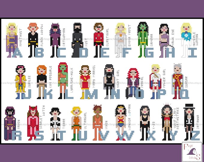 Girl Power Superhero Comic Book Alphabet Cross Stitch Pattern - PDF Pattern - INSTANT Download