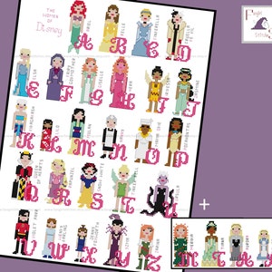 Sprookjesprinses Meisje Vrouwelijke Karakter Alfabet Cross Stitch - PDF Patroon - INSTANT DOWNLOAD