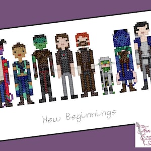 Puede incluir: Patrón de punto de cruz con ocho personajes pixelados, incluyendo un personaje morado y rojo, un personaje azul y verde, un personaje verde y marrón, un personaje azul y verde, un personaje verde y marrón, un personaje rojo y marrón, un personaje verde y marrón y un personaje azul y marrón. El patrón se titula "Nuevos Comienzos".