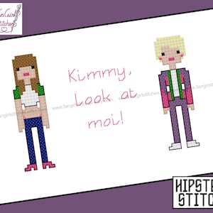Op de afbeelding: Borduurpatroon met twee cartoonfiguren, een meisje met bruin haar en een jongen met blond haar, met de tekst "Kimmy, kijk naar mij!" in roze.