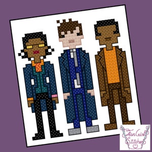 Pode incluir: Padrão de ponto cruz com três figuras pixeladas, duas com ternos azuis e uma com um terno marrom e uma camisa laranja. As figuras estão lado a lado. O padrão é intitulado "FanGirl Stitches".
