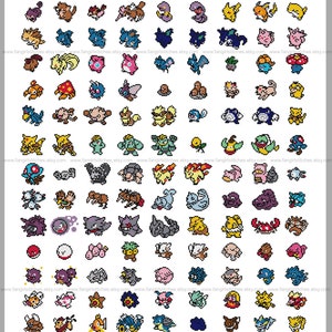Può includere: Una collezione di 150 personaggi Pokémon in pixel art, tra cui Bulbasaur, Charmander, Squirtle, Pikachu e molti altri. Ogni personaggio è rappresentato in uno stile semplice e colorato, perfetto per il punto croce o altri lavori manuali.