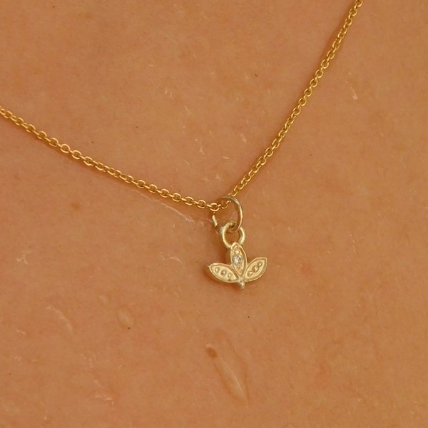 Dainty 14k Gold Lotus Pendant Necklace with Diamond