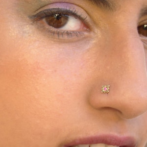 May include: Close-up of a person's face with a small gold nose ring featuring a pink gemstone. The person has brown eyes and is wearing makeup.