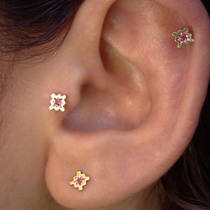 Gold Helix, tragus stud, Ruby earrings, Gold earrings, tiny stud earrings, cartilage earrings, gold and ruby, rook jewelry, tribal piercing