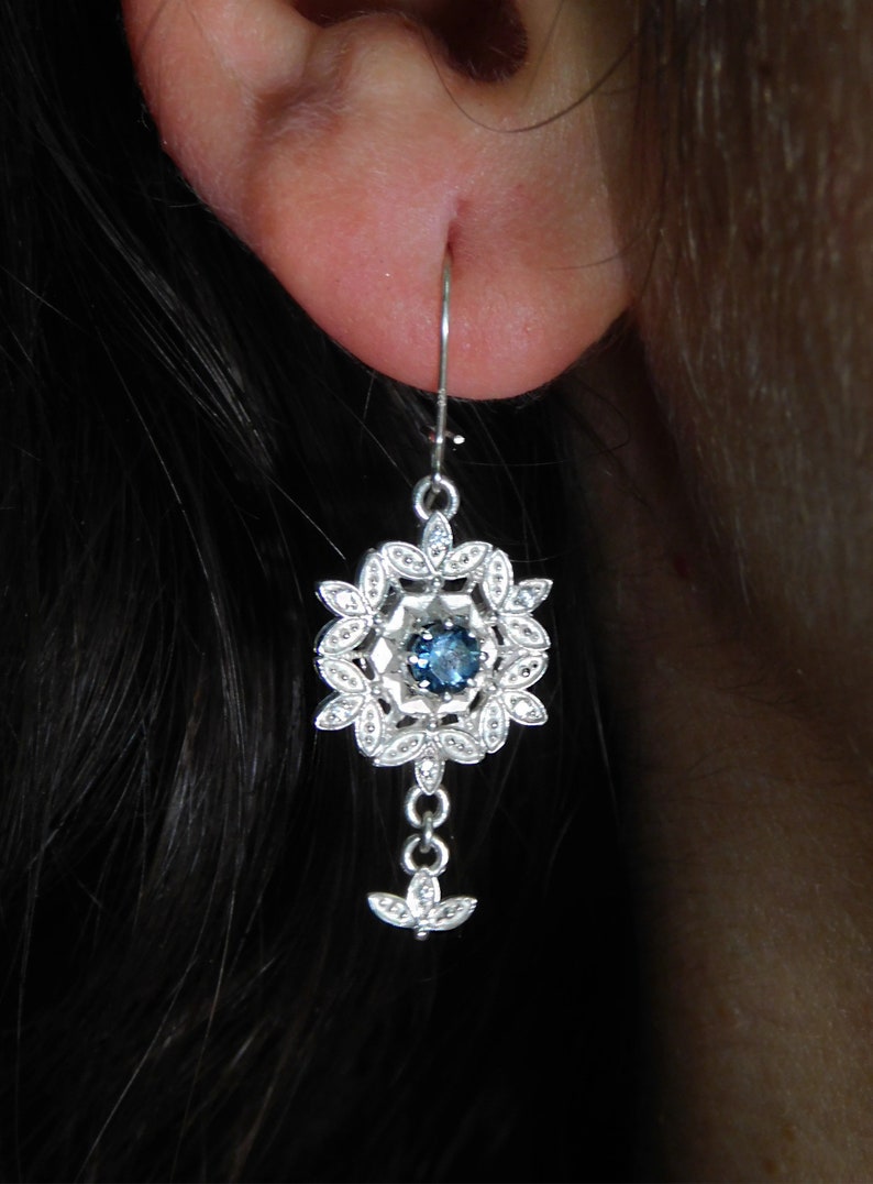 luxury Water crystal dangle earrings, Blue Topaz Silver Cubic Zircon Snowflake earrings, Diana classic dainty silver earrings, Christmas image 7