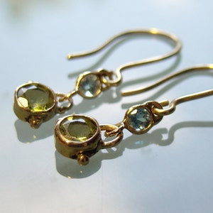 Gold earrings, Peridot, blue topaz, 14k gold earrings, dangle earrings, blue topaz earrings, Gemstone Earrings, Birthstone Earrings, unique