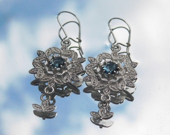 luxury Water crystal dangle earrings, Blue Topaz Silver Cubic Zircon Snowflake earrings, Diana classic dainty silver earrings, Christmas