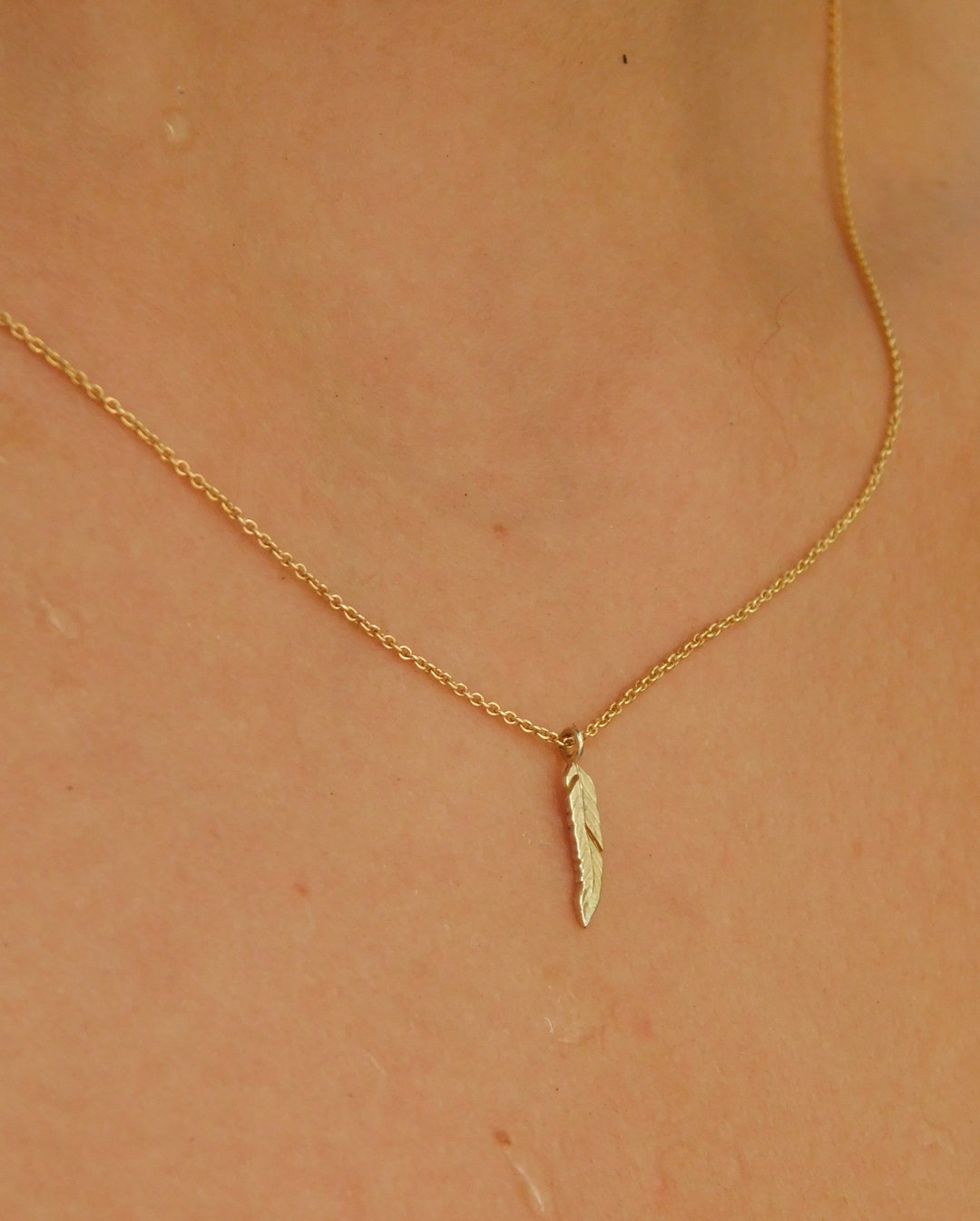 14 K Gold Feather Necklace, Tiny Pendant, Boho Feather Pendant, Gold