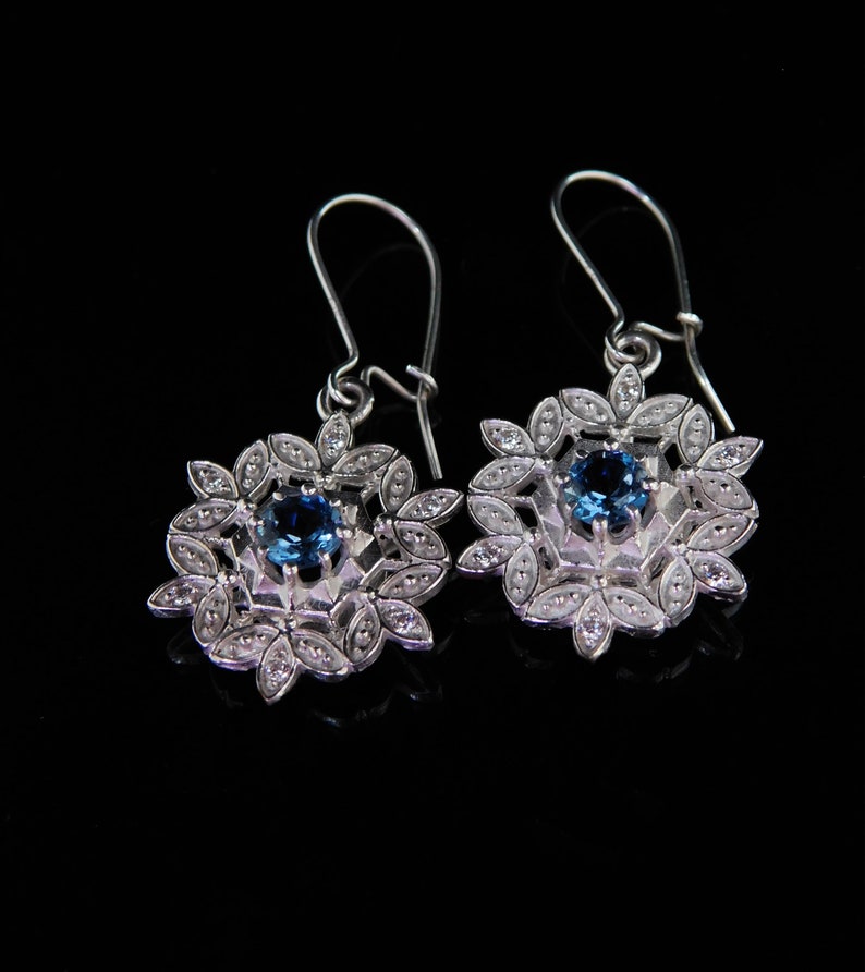 luxury Water crystal dangle earrings, Blue Topaz Silver Cubic Zircon Snowflake earrings, Diana classic dainty silver earrings, Christmas image 2