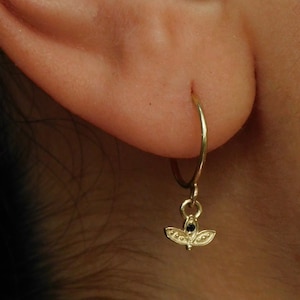 Gold lotus sapphire hoop Earrings, Gold flower earring , lotus earring, helix earrings, solid gold earrings, lotus, sapphire earrings