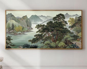 Chinese Landscape Print, Large Pine Tree over River and Mountains Scenery Wall Art, Oriental Shan Shui Landscape Wall Décor