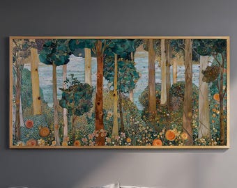 Puede incluir: Un cuadro de paisaje rectangular en un marco de madera clara que muestra una escena de bosque denso con troncos de árboles altos, follaje verde oscuro y elementos circulares naranjas, colgado horizontalmente en una pared gris oscuro.