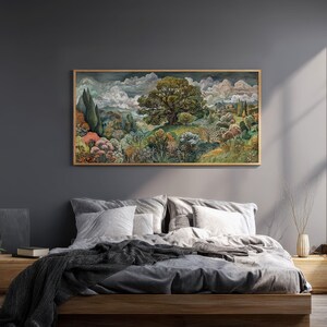 Lámina artística de árboles y flores, arte mural de paisajes naturales vintage retro, decoración para el hogar y la oficina con grandes colinas onduladas imagen 2