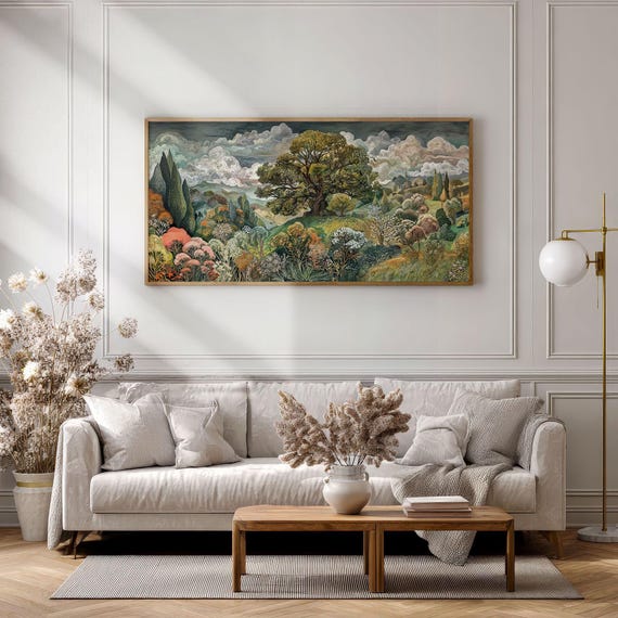 Trees Flowers Art Print, Vintage Retro Nature Scenery Wall Art, Large Rolling Hills Home & Office Decor