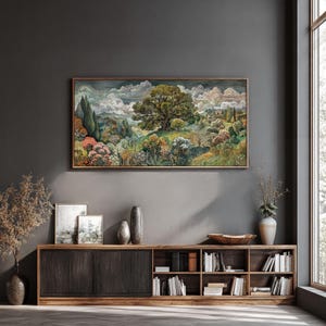 Lámina artística de árboles y flores, arte mural de paisajes naturales vintage retro, decoración para el hogar y la oficina con grandes colinas onduladas imagen 4