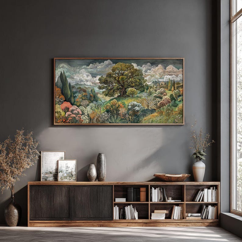Lámina artística de árboles y flores, arte mural de paisajes naturales vintage retro, decoración para el hogar y la oficina con grandes colinas onduladas imagen 4