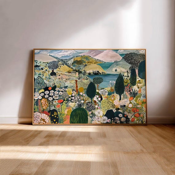 Large Landscape Art Print, Wildflowers Trees Lake and Hills Nature Scene Wall Art
