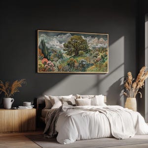 Lámina artística de árboles y flores, arte mural de paisajes naturales vintage retro, decoración para el hogar y la oficina con grandes colinas onduladas imagen 5
