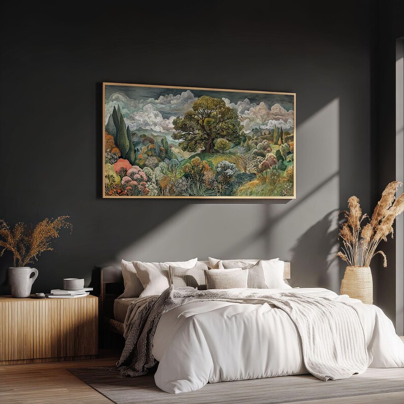 Lámina artística de árboles y flores, arte mural de paisajes naturales vintage retro, decoración para el hogar y la oficina con grandes colinas onduladas imagen 5