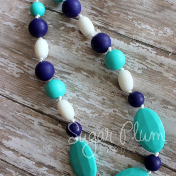 Silicone teething necklace Baby teether turquoise navy white teether baby shower gift