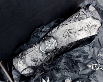 10-100 Black Rose Scroll Wedding Invitations with Wax Seals, Each in Individual Box; Boxed Scrolls, Dark Wedding, Gothic Scroll Invitations