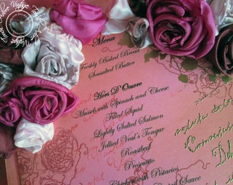 Menu, Mild Rose; Shabby Chic Menu, Shabby Menu, Distressed Menu, Aged Menu, Embossed Menu, Flower Menu, Wedding Stationery, Vintage Wedding