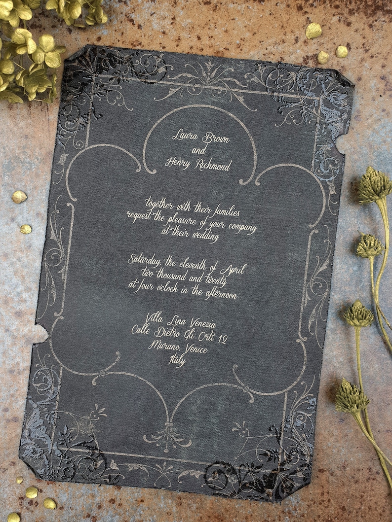 May include: A black and white wedding invitation with a decorative border. The invitation announces the wedding of Laura Brown and Henry Richmond, to be held on Saturday, April 11, 2020 at 4:00 PM at Villa Lina Venezia, Calle Dietro Gli Orti 12, Murano, Venice, Italy.