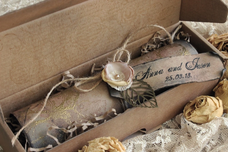 Faire-part de mariage parchemin rose doré dans une boîte Mariage vintage, faire-part de mariée, lettre parchemin, faire-part parchemin, lettre d'amour n89 image 1