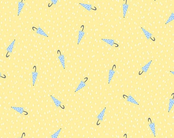 Andover - April Showers - Drizzle - Blue Umbrellas on Yellow