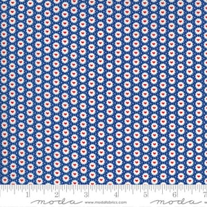 May include: Blue fabric with a repeating pattern of white circles with red hearts in the center. The fabric is measured with a ruler in inches.