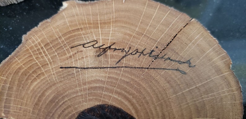 May include: A cross-section of a tree trunk with visible growth rings and a handwritten signature in black ink. The wood has a light brown color with darker brown lines and a rough, natural edge.