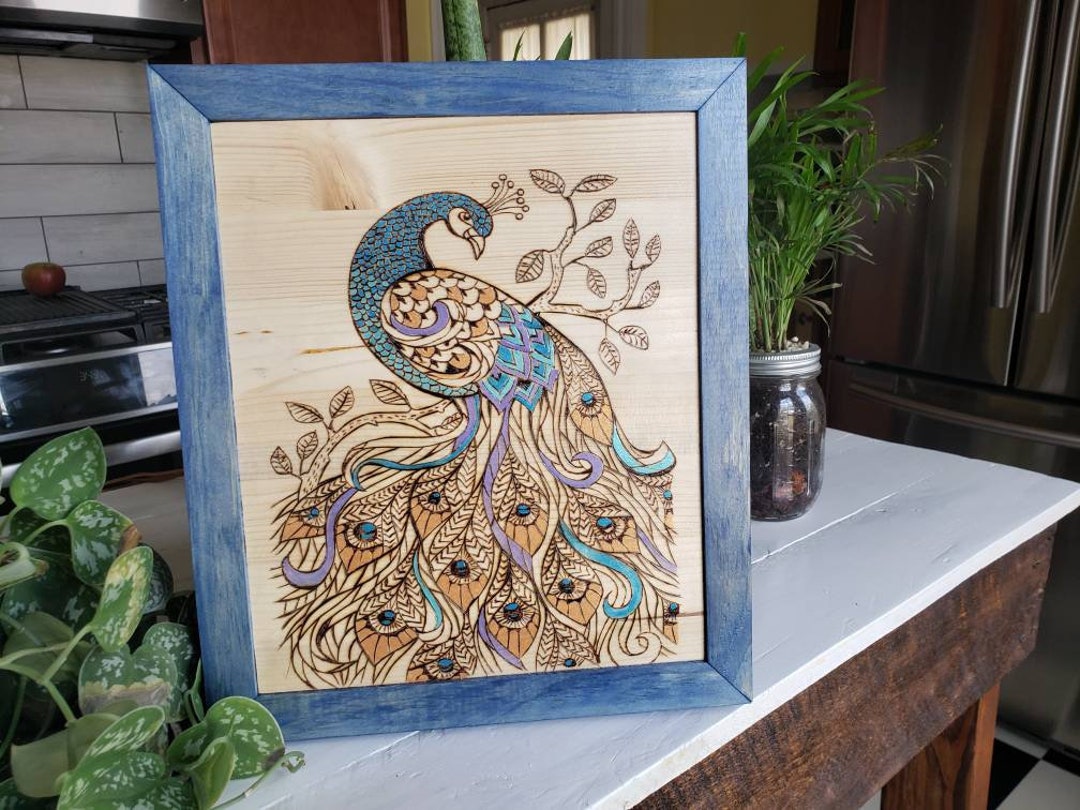 Wood Burned Peacock Painting // Pyrography // Wood Burning Art Etsy