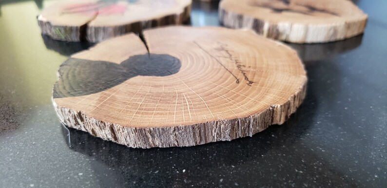 May include: Wooden coasters made from tree cross-sections. The coasters have a natural wood grain pattern with a dark, possibly stained, area. Some coasters have a signature. The edges are rough and unfinished.