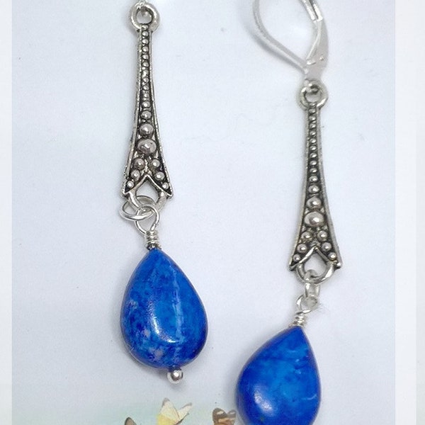Boucles d'oreilles gouttes "Lapis Lazuli", bijoux lapis lazuli, pierre énergie, chakras, lithothérapie, reiki, wicca,