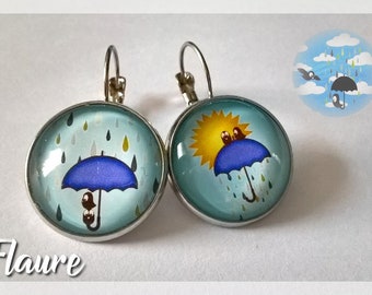 Large cabochons earrings "birds in the rain", sleepers, cabochon jewelry, cabochon earrings, bird jewelry, gift