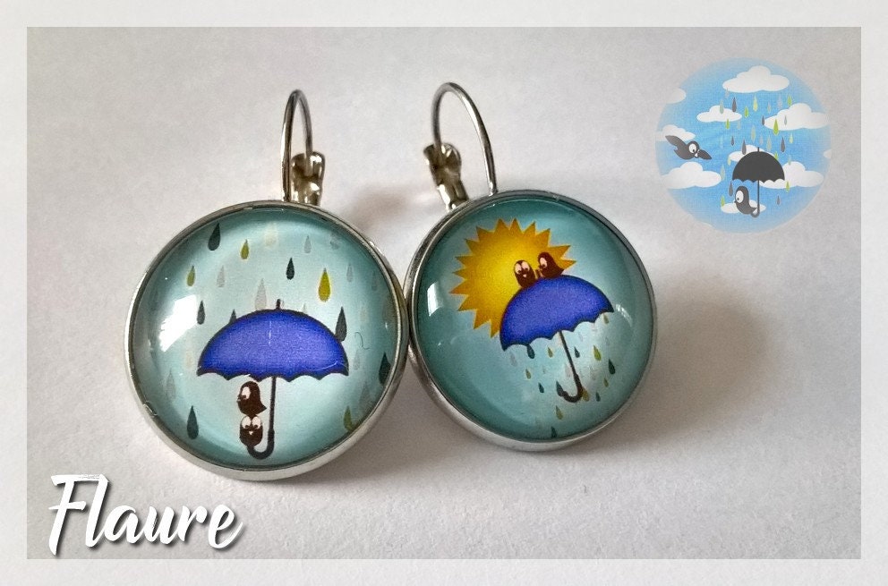 Large cabochons earrings birds in the rain, sleepers, cabochon jewelry