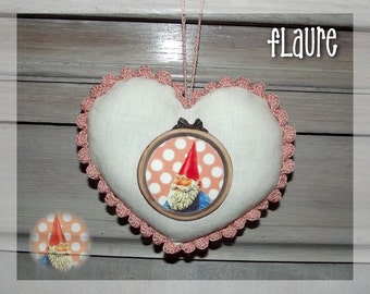Linen heart "Salmon garden gnome", linen heart, decoration heart, garden gnome, gift idea, recovery fabrics, ecology, recycling
