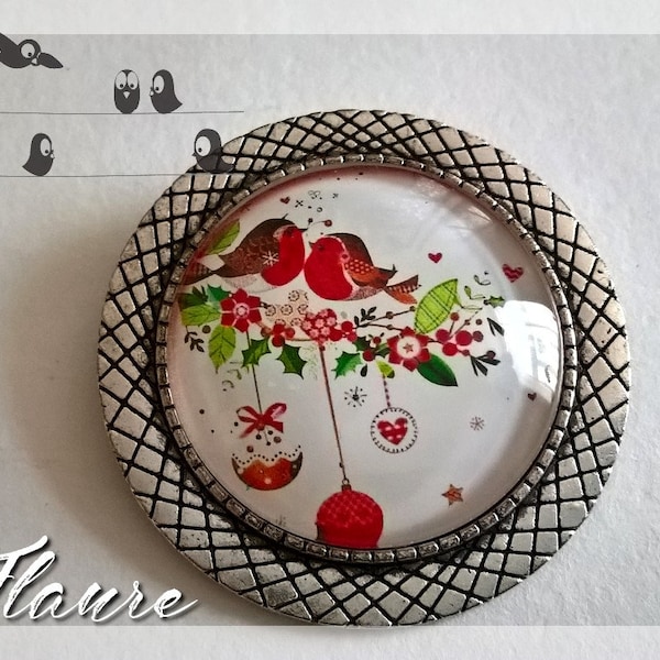 Broche ronde cabochon "oiseaux de Noel"