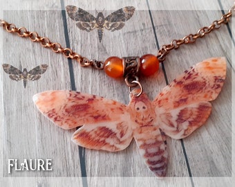 Collier pendentif papillon sphinx "tête de mort", cornaline, cuivre, wicca, lithothérapie, reiki, pierre, bijoux femme, bijoux homme, cadeau