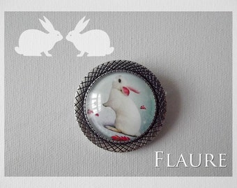 A round pin '' a rabbit in winter '', cabochon brooch, cabochon, cabochon jewelry, rabbit, rabbit jewelry, rabbit brooch, gift idea