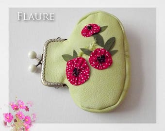Embroidered purse in green leather "poppies", wallet leather, leather, poppies, wallet poppies, flowers