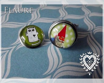 Two-in-one cabochon ring "Garden dwarf and green angel cat", jewel cabochon, cabochon, cat, garden gnome, gift, interchangeable ring