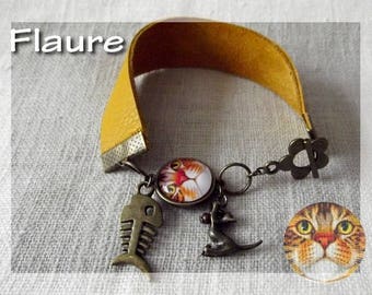 Leather bracelet yellow / ocher and cabochon "big cat", leather bracelet, cat, cat bracelet, cabochon bracelet, gift idea, cabochon jewelry