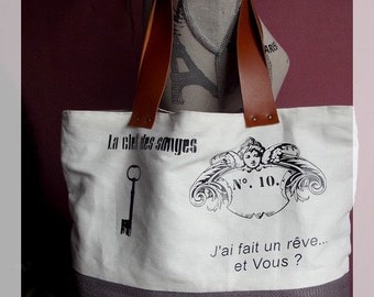 Large tote bag "La clef des songes", tote, shopping bag, woman bag, recycling, recovery fabrics, ecology, gift idea,