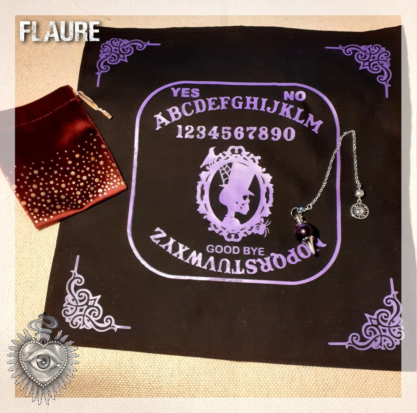 Pendule Améthyste et Tapis Ouija, Wicca, Radiesthésie, Magnétisme, Voyance, Divination, Reiki, Ésoté