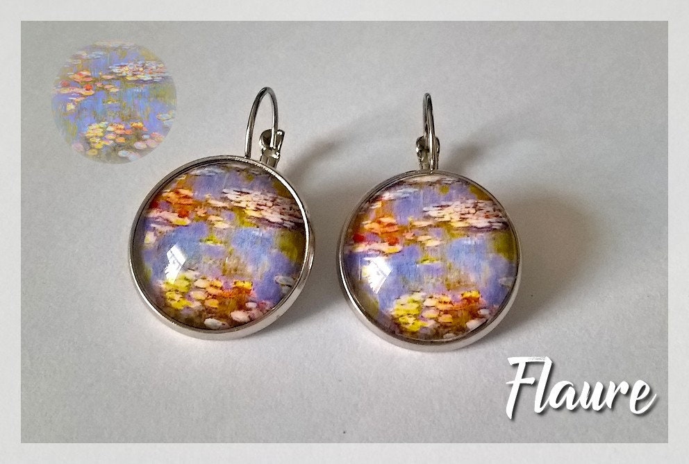 Cabcohons earrings "garden of Monet", Monet, paintings, cabochons, cabochons jewelry, gift idea