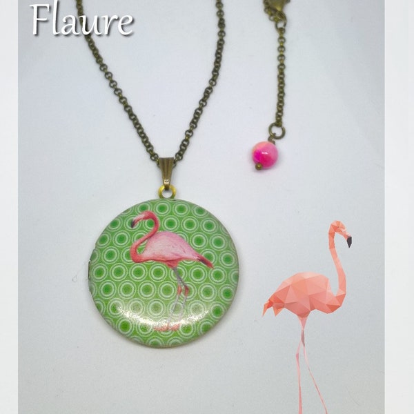 collier pendentif porte-photo "flamant rose", pendentif porte-photo, flamant rose, pendentif flamant rose