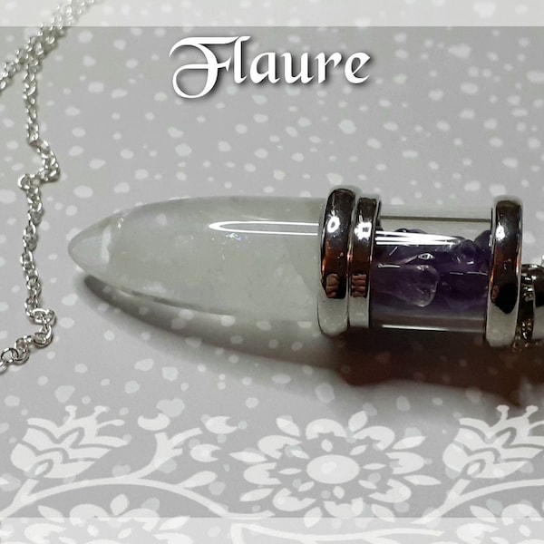 Pendule Collier pendentif cristal de roche et améthyste, argent 925, ésotérisme, wicca, reiki, énergies, radiesthésie, voyance, divination