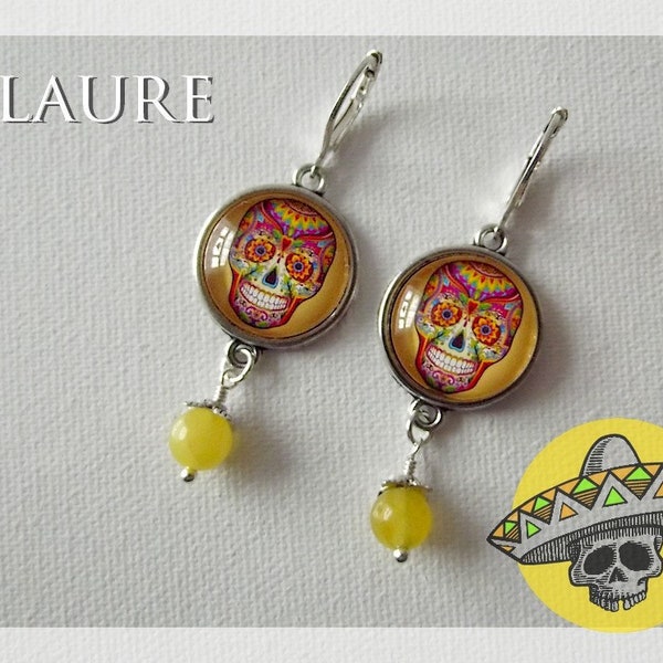 Boucles d'oreille argentées cabochons "Calavera" jaune, jade jaune, calavera, tête de mort, mexique, idée cadeaux, bijoux originaux, cadeau